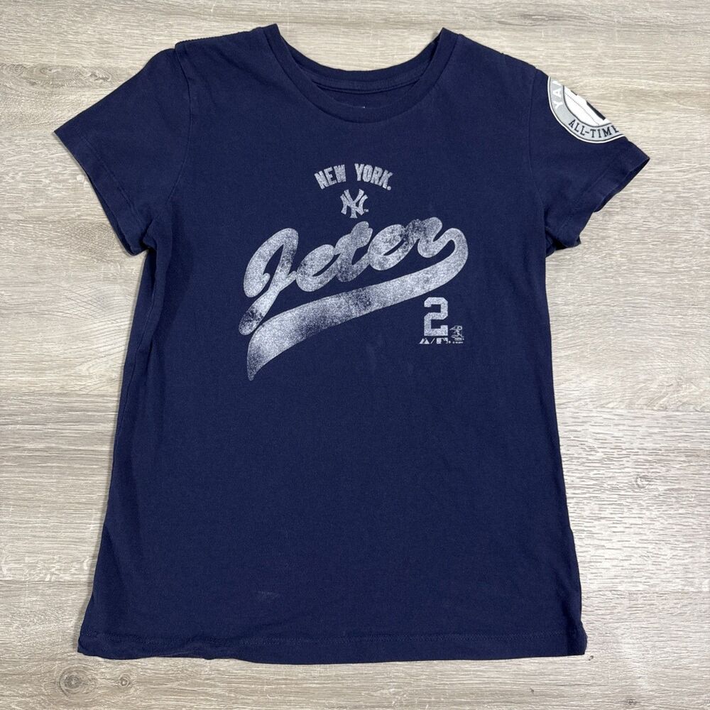 Derek Jeter Shirt New York Yankees Majestic Women's Blue Tee Small Cotton